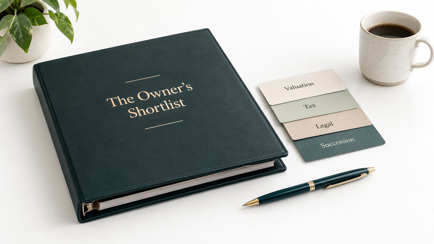 A leather-bound professional folder titled The Owner's Shortlist with index tabs for business succession planning.