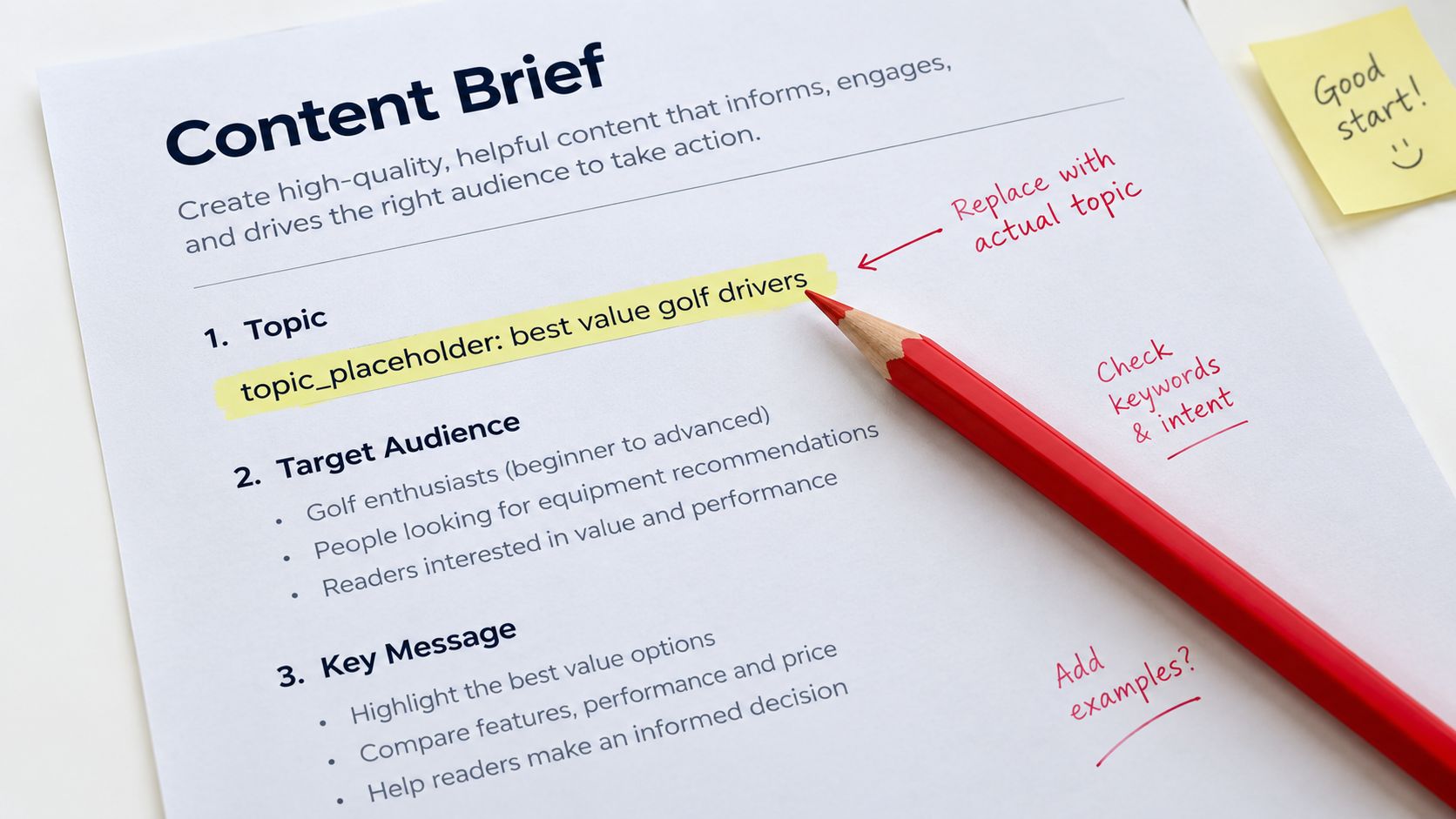 A printed content brief document with a red pencil and handwritten feedback notes on a white surface.
