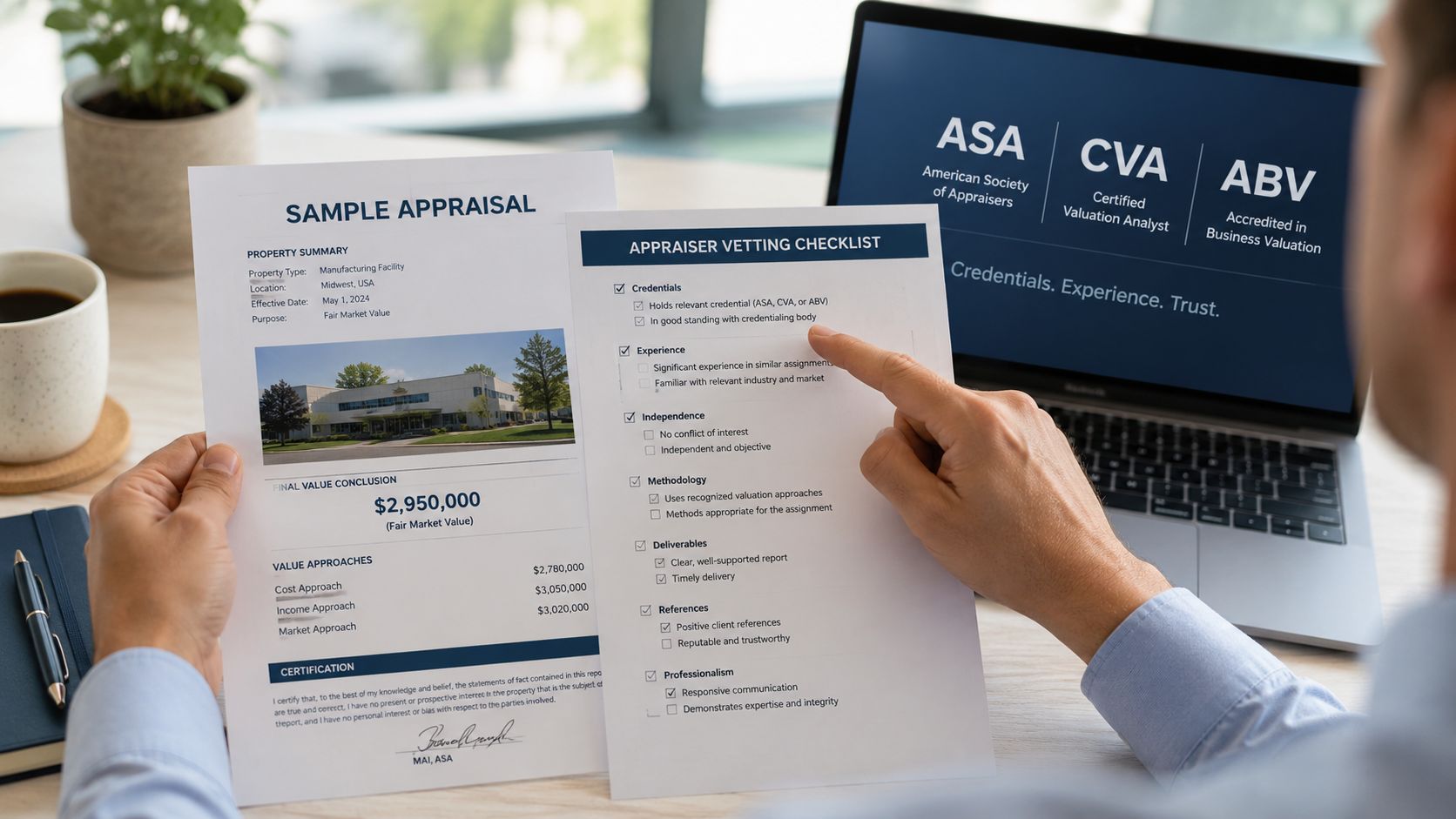 A professional reviewing a sample business appraisal document and an appraiser vetting checklist near a laptop.