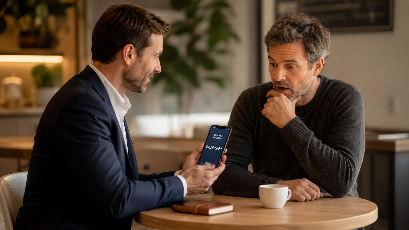 A professional business consultant showing a phone screen with a business valuation result to a surprised client.