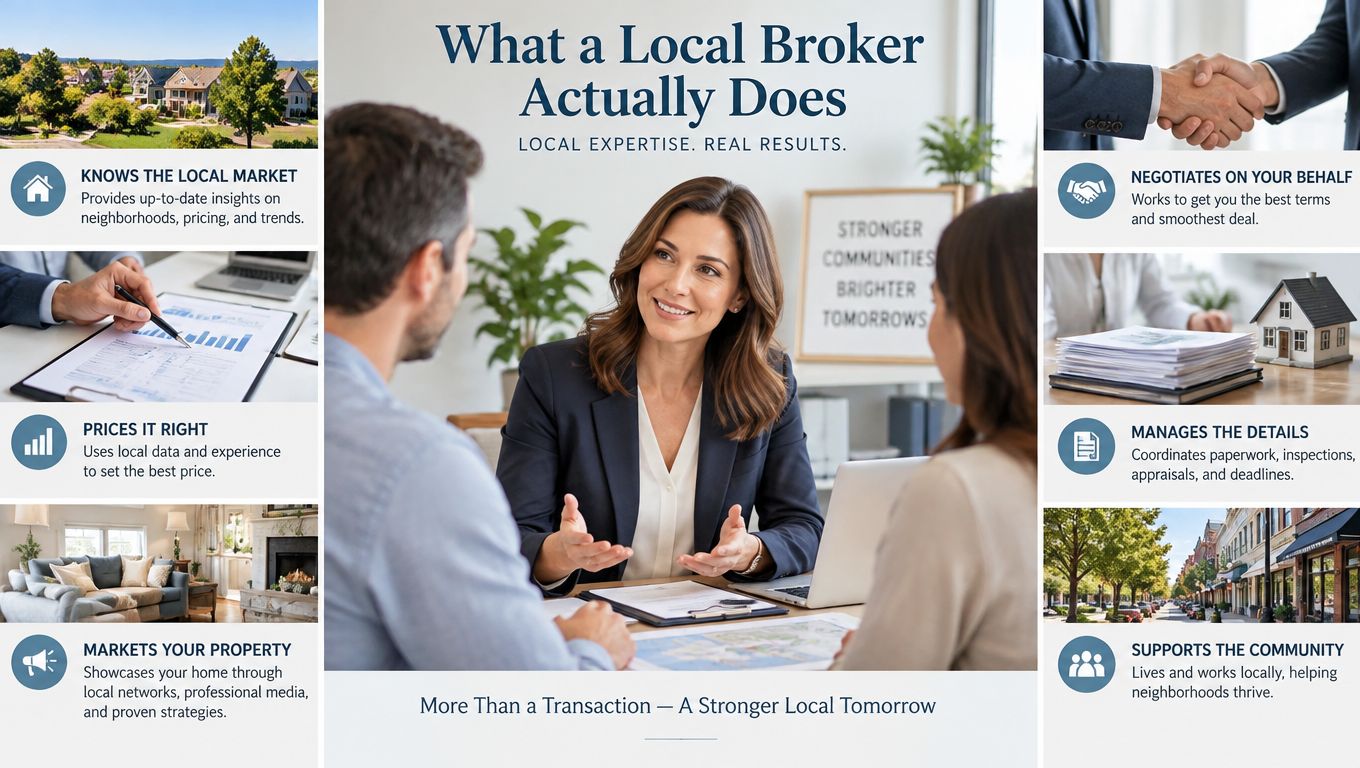 A professional real estate broker meeting with clients to discuss home buying and selling strategies.