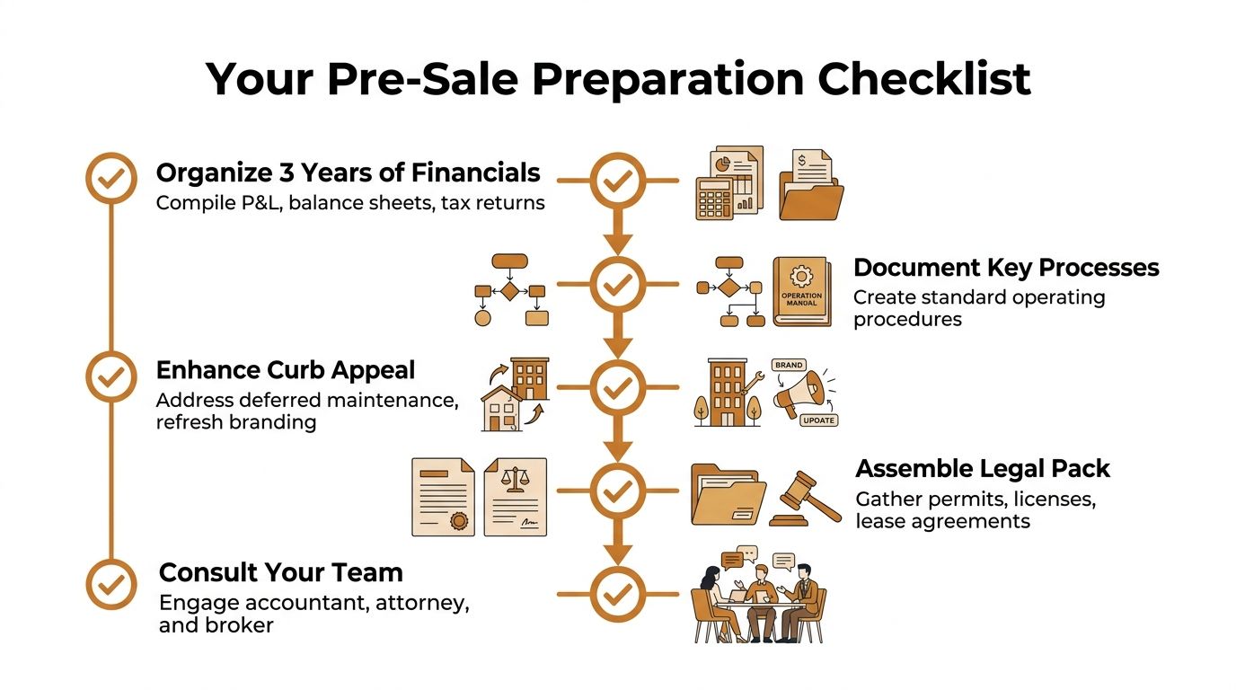 A checklist infographic illustrating the essential steps for preparing your business for a successful sale.