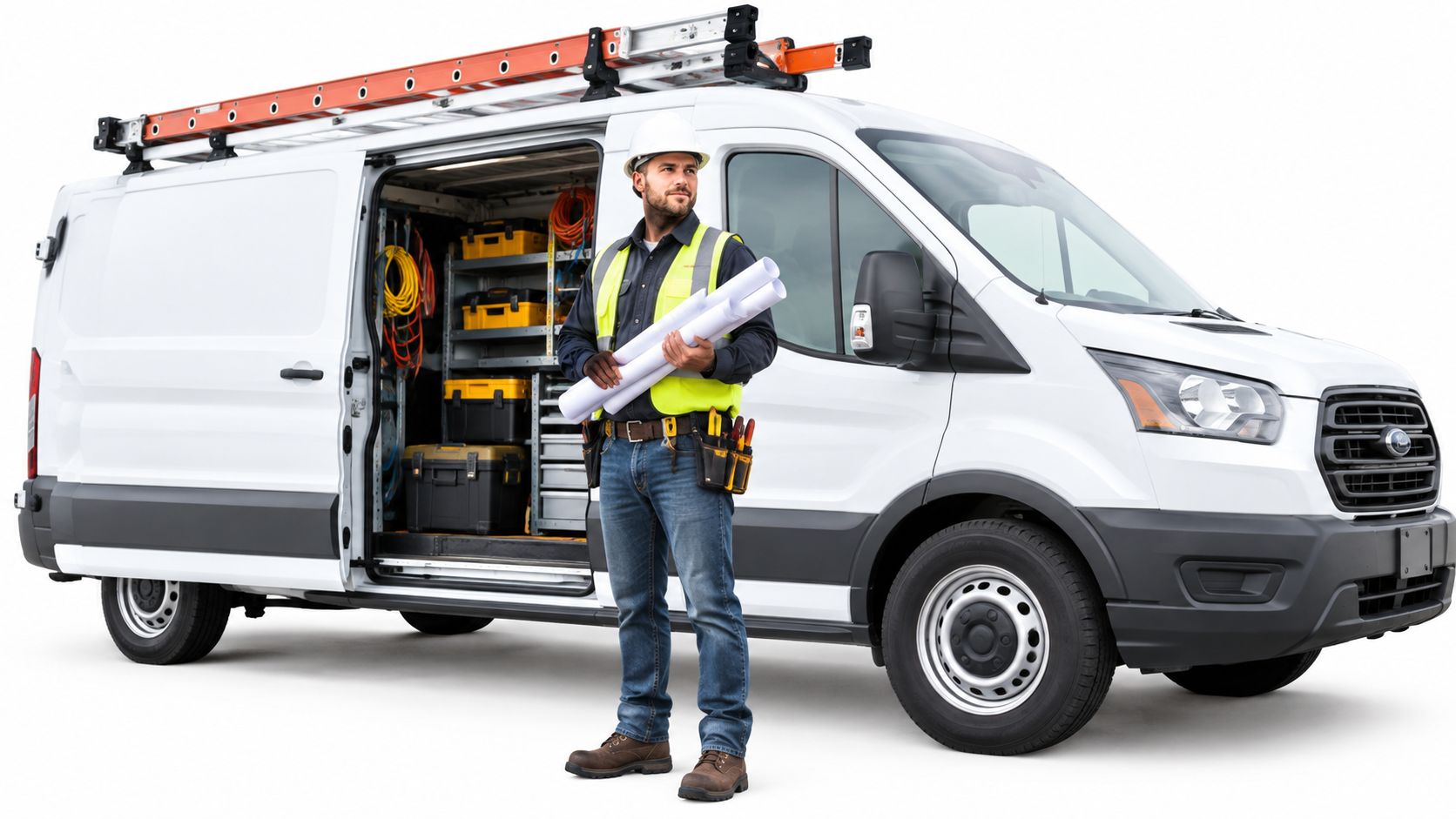 A professional construction worker holding blueprints standing in front of a white service van on site.