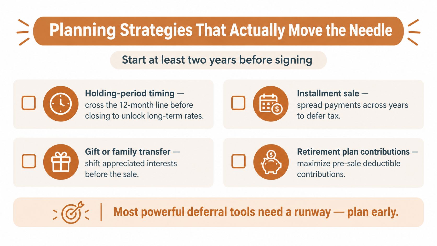An infographic outlining four key financial planning strategies to optimize taxes before a business sale.