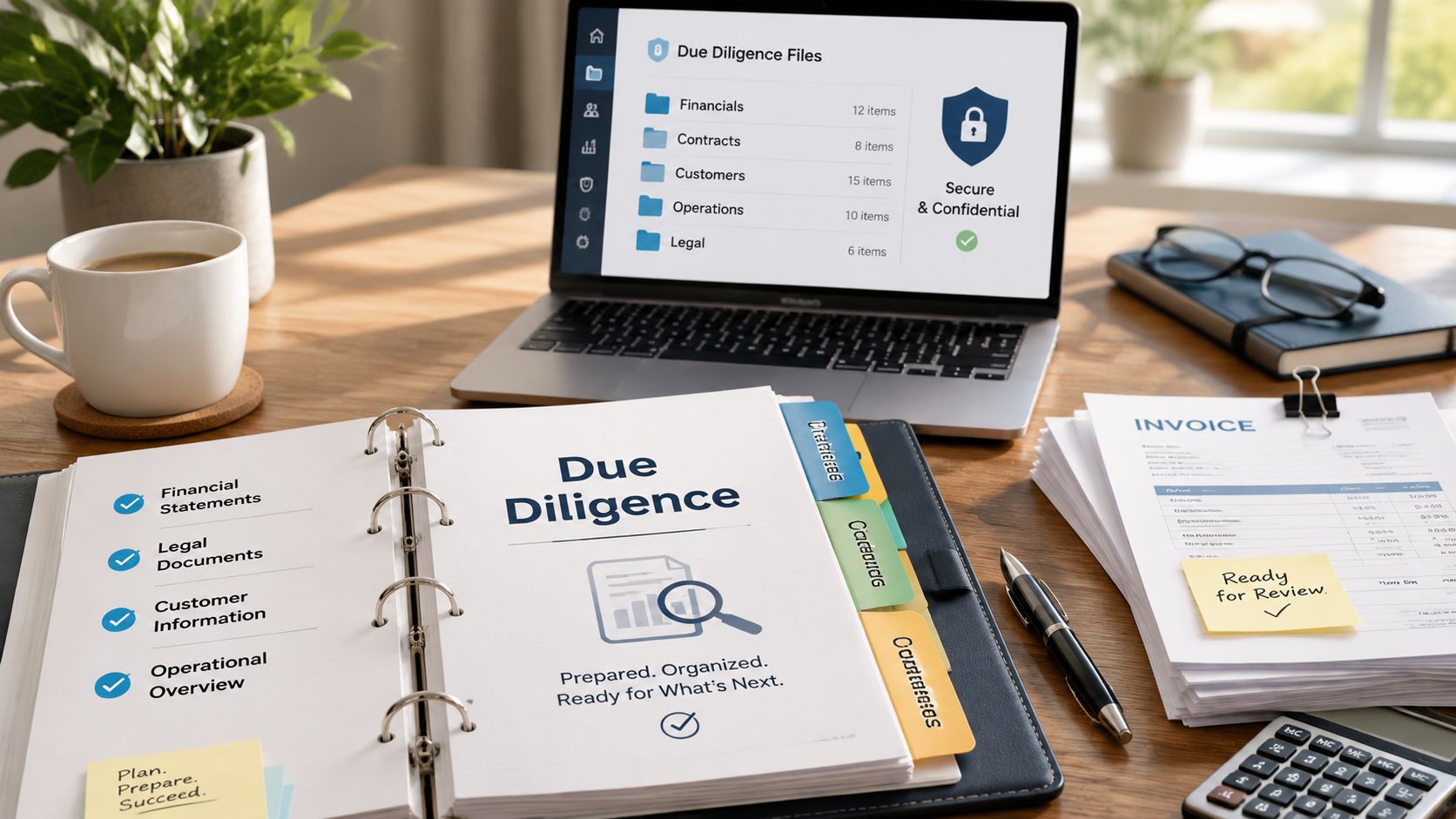 A professional desk featuring a due diligence folder, a laptop with files, a coffee cup, and calculator.