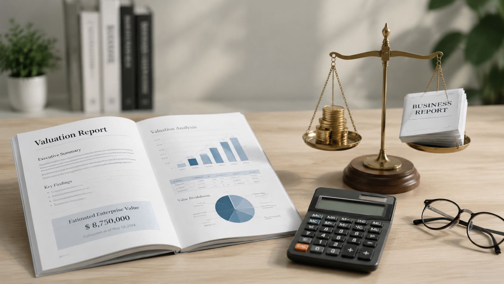A professional desk workspace featuring a valuation report, a calculator, spectacles, and a balance scale with coins.