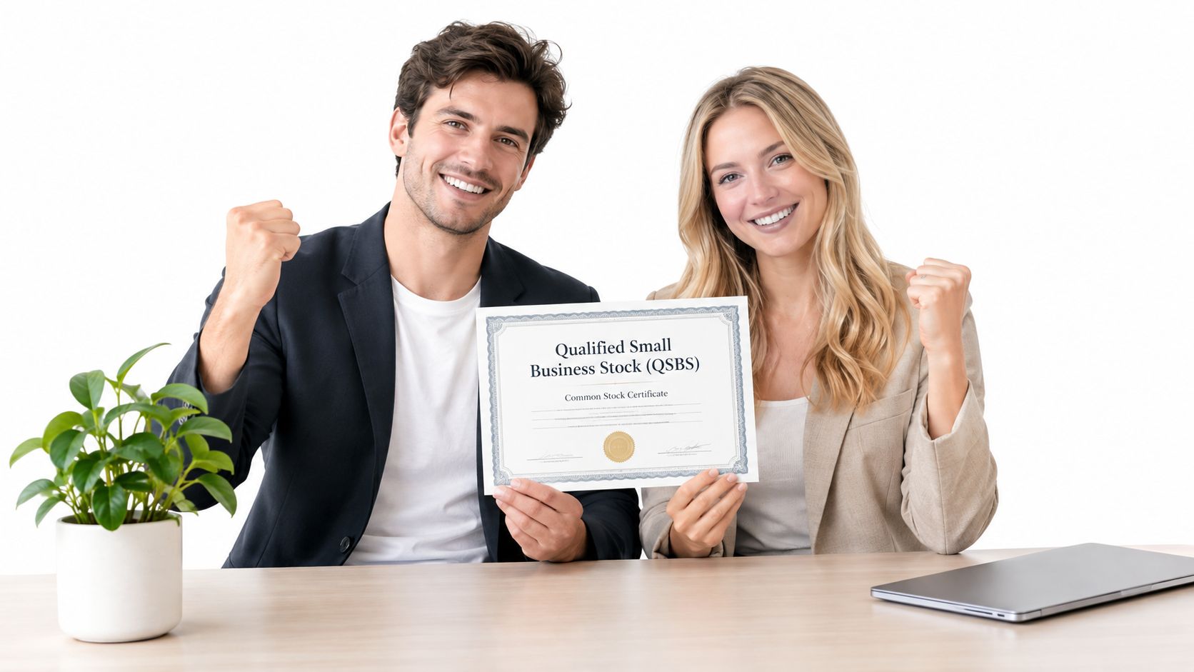 A professional man and woman holding a stock certificate while celebrating their successful business investment together.
