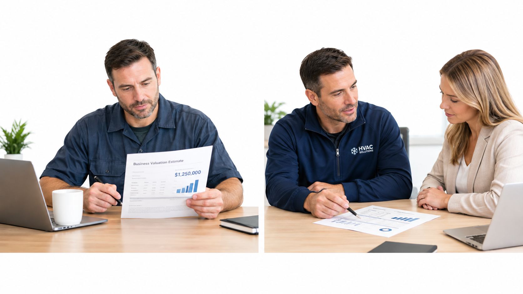 A professional man reviewing business valuation documents and discussing financial estimates with a business partner.