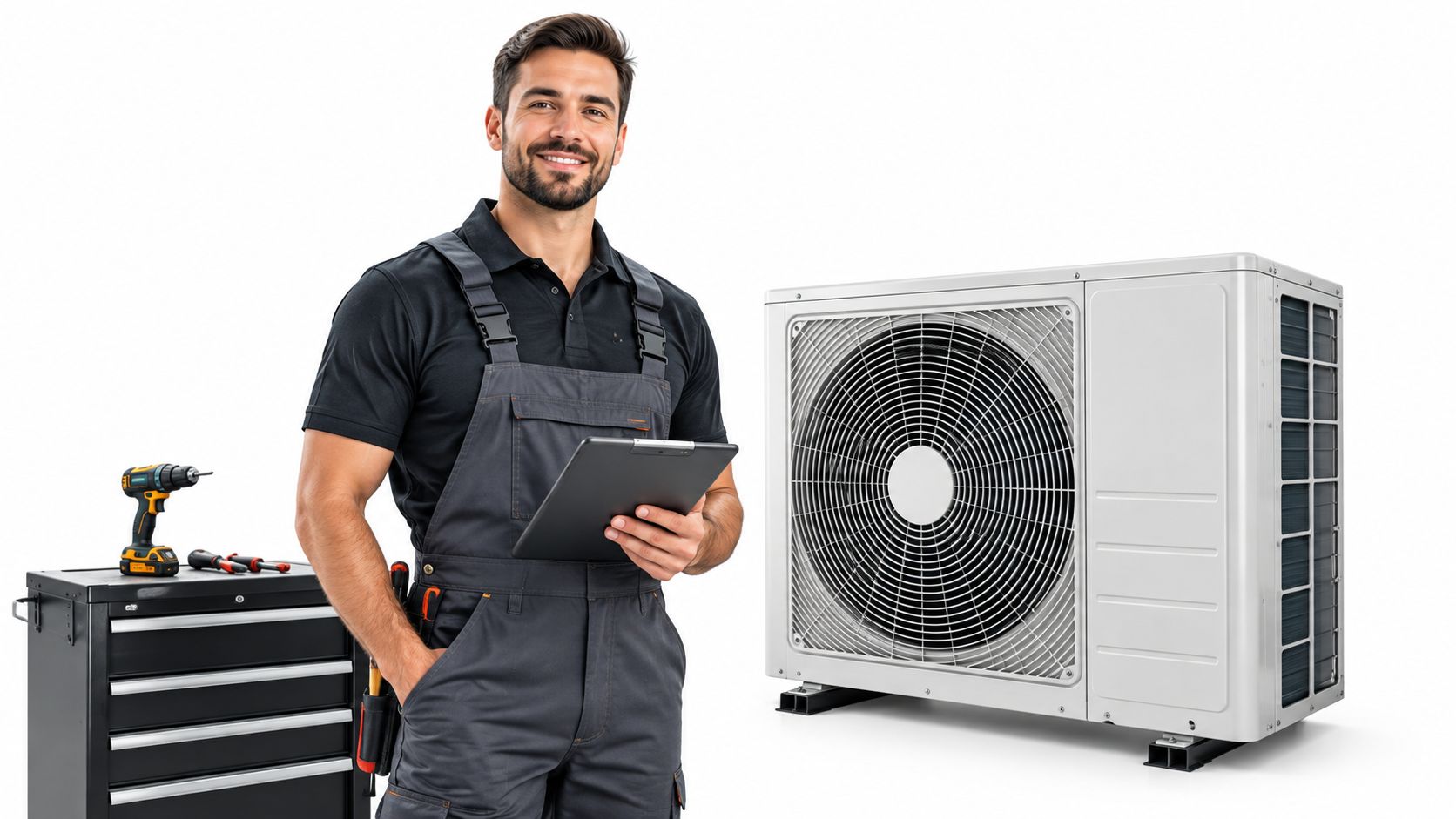A professional HVAC technician in work uniform holding a digital tablet next to an outdoor air conditioner.