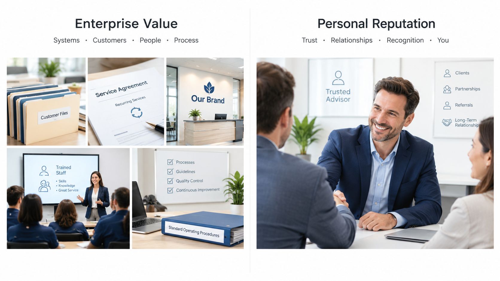 A split-screen infographic comparing Enterprise Value factors like systems and processes with Personal Reputation factors like trust and relationships.