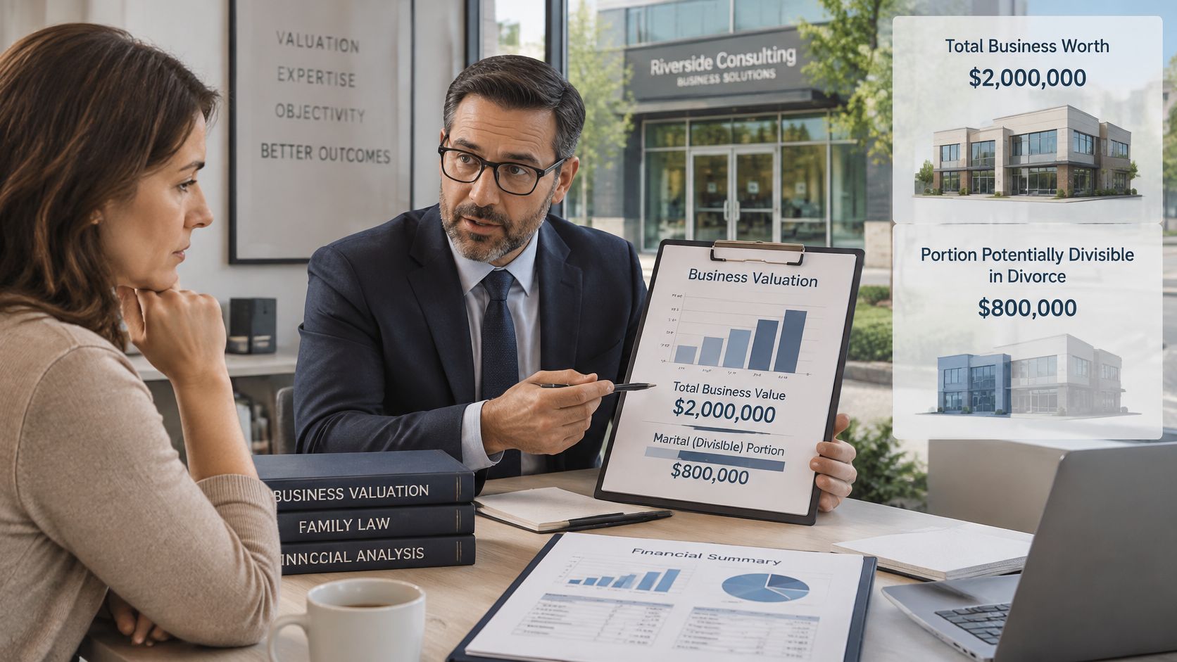 A professional financial consultant explains business valuation and divorce assets to a woman in an office setting.