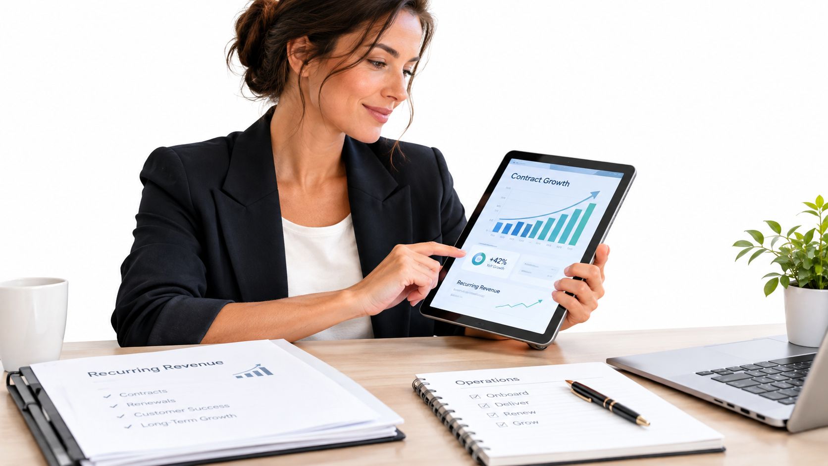 A professional woman in a blazer reviewing financial growth and contract data on a tablet in office.