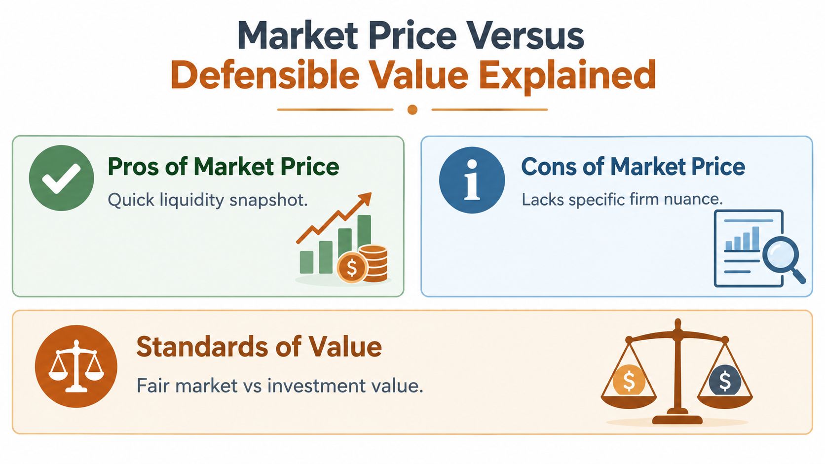 A comparative infographic illustrating the differences between market price and defensible value in financial business valuations.