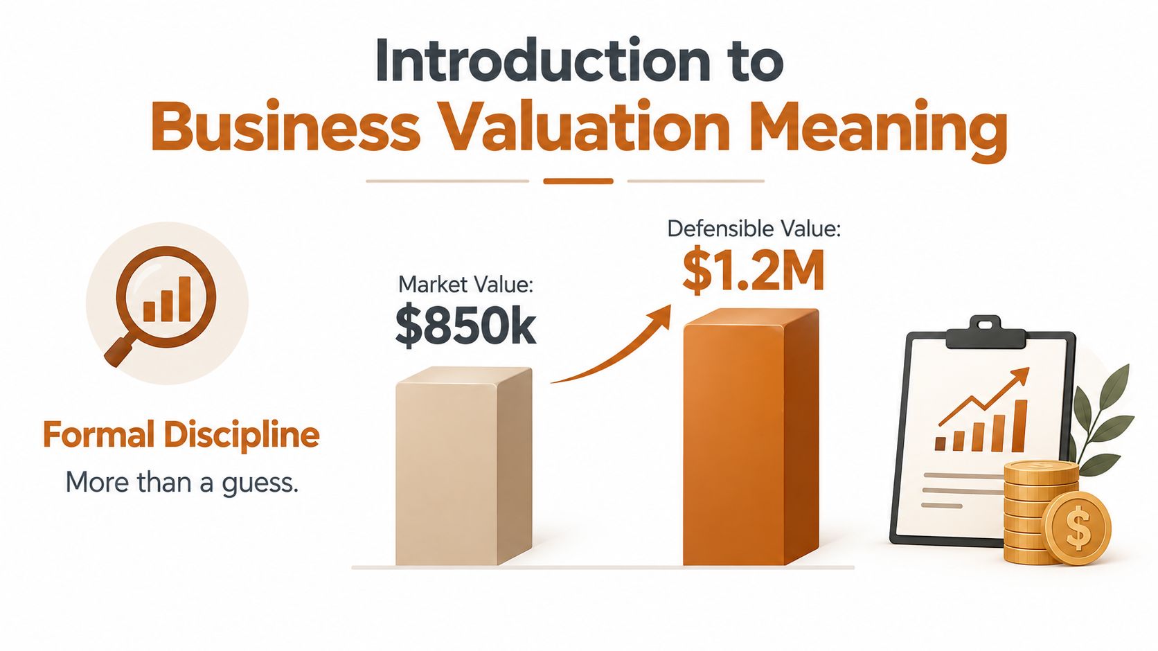 An infographic illustrating business valuation, showing a jump from an $850k market value to a $1.2M defensible value.