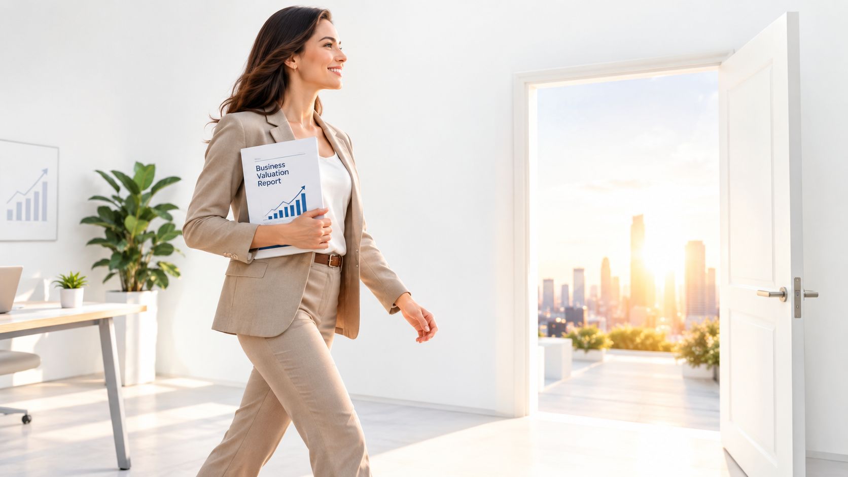 A professional woman holding a business valuation report walks towards an open door overlooking a city skyline.
