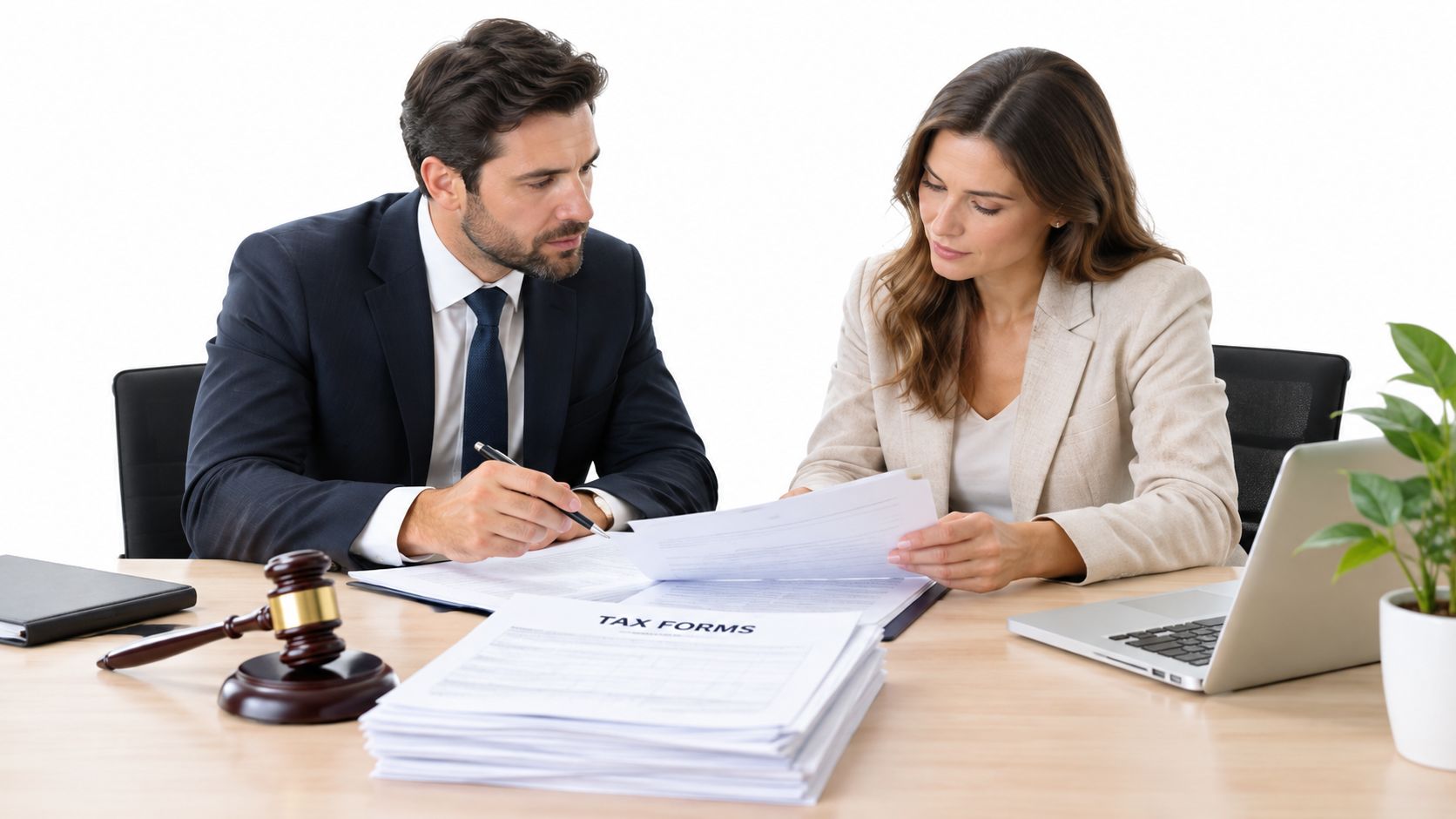 A professional man and woman in business attire reviewing tax forms at an office desk.