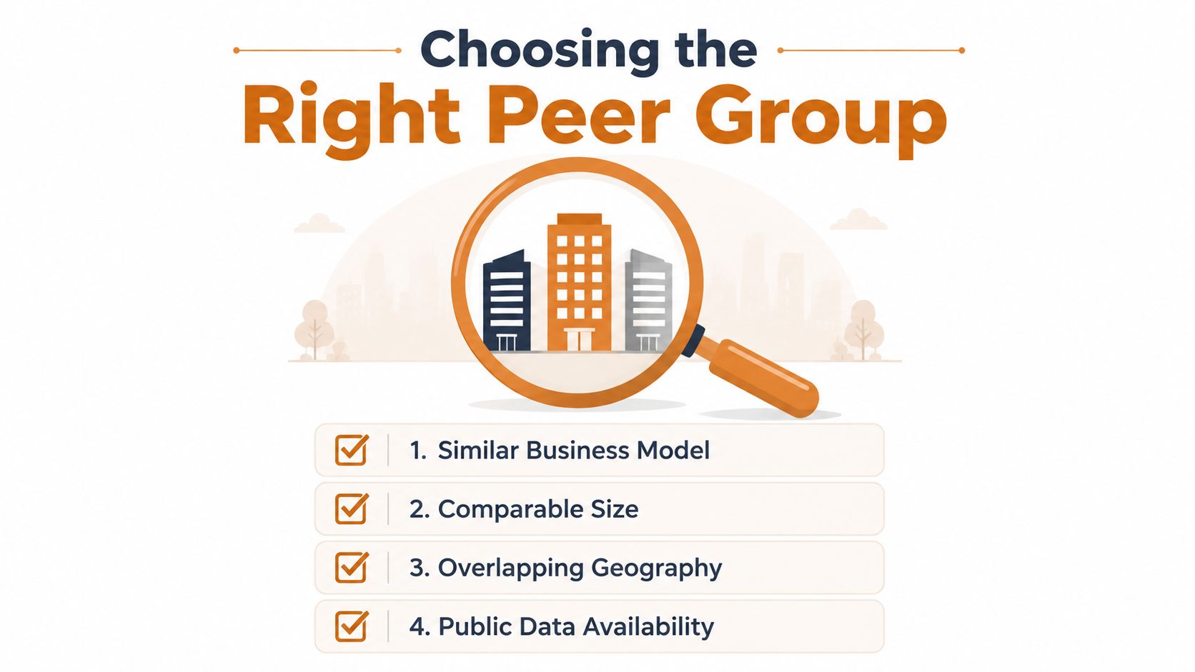 An infographic titled Choosing the Right Peer Group, listing four criteria for selecting comparable business entities.