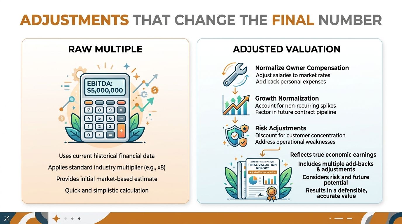 A diagram comparing raw EBITDA multiples with adjusted valuations, showing how financial adjustments refine company market value.
