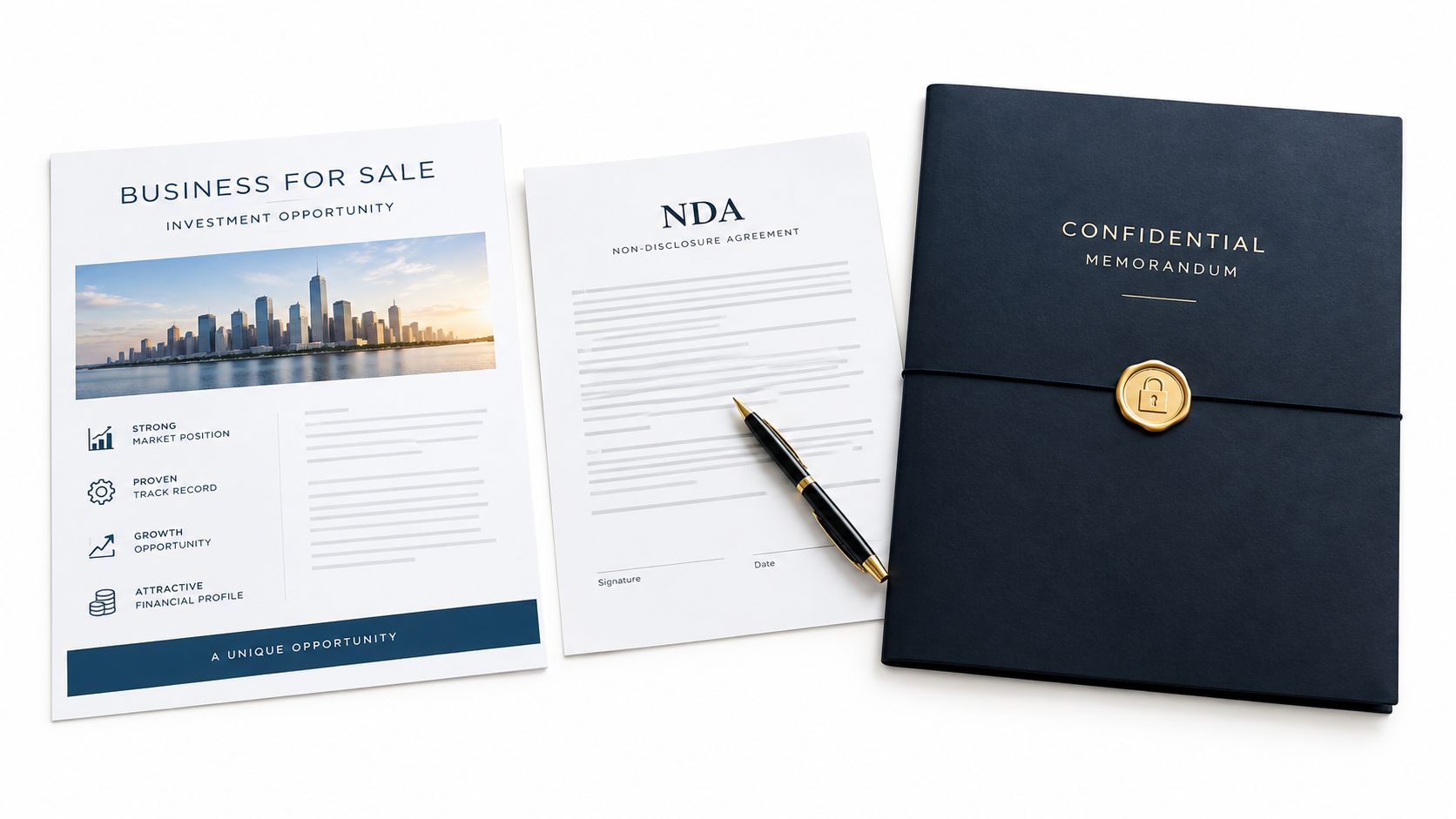 A professional business document set featuring a sale brochure, a non-disclosure agreement, and a confidential memorandum folder.