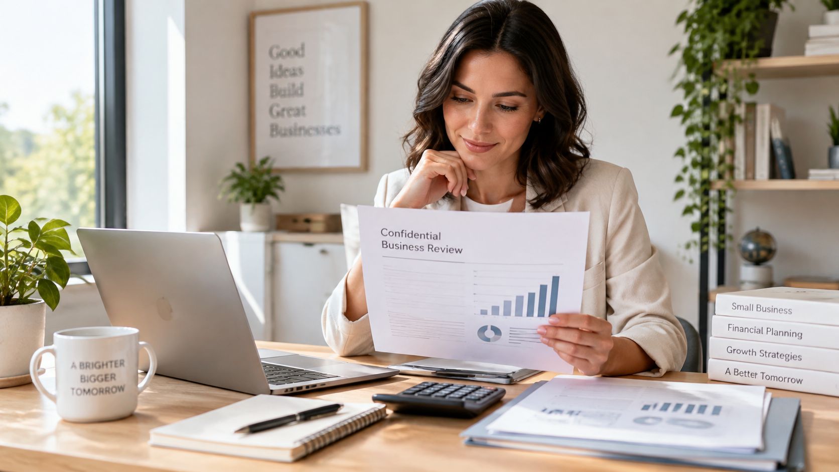 A professional woman in a bright office reviewing a confidential business review document at her desk.