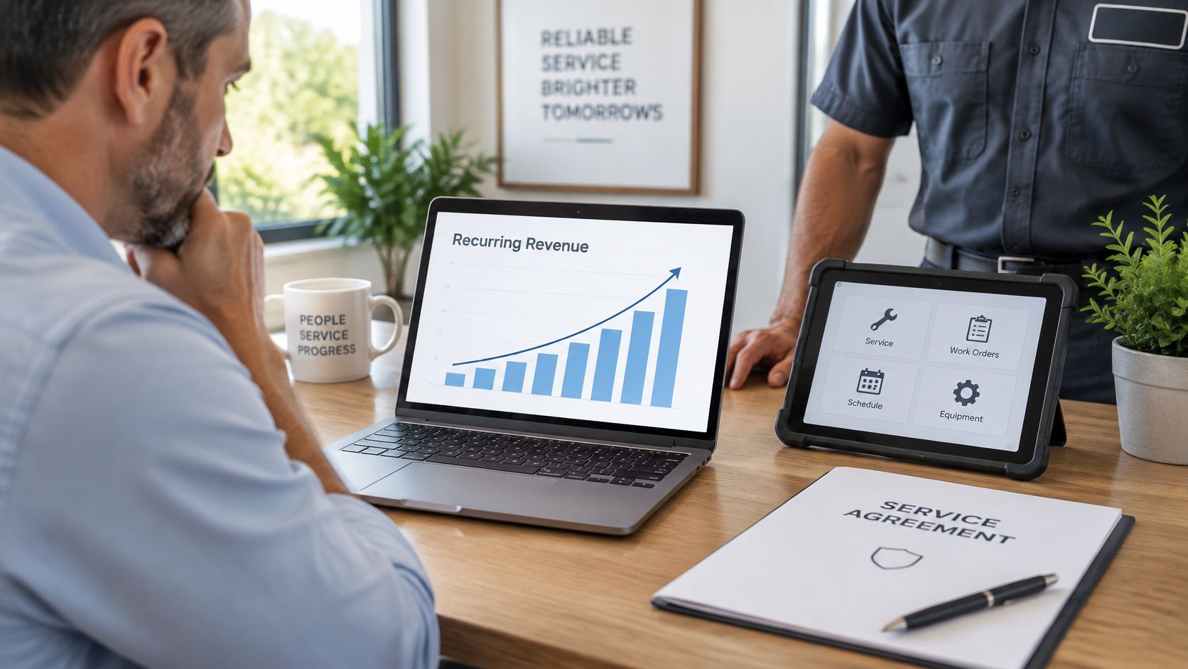 A professional business meeting discussing recurring revenue strategies with a laptop, tablet, and service agreement documents.