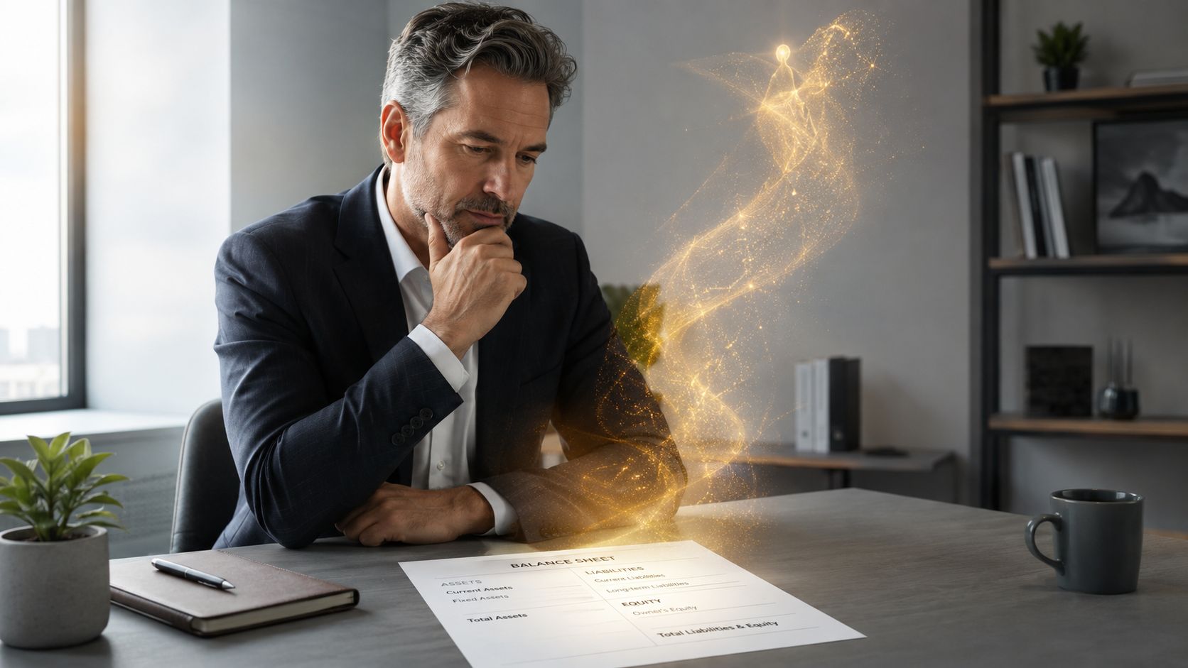 A professional businessman reviews a balance sheet with a golden ethereal light representing intangible business assets.