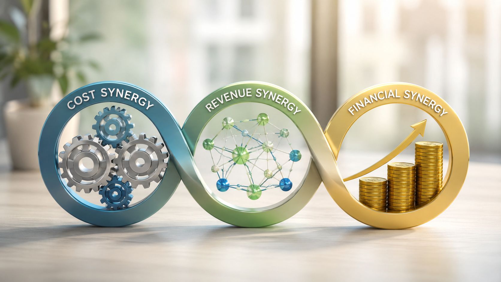 A conceptual graphic illustrating business synergies using three interconnected rings for cost, revenue, and financial growth.