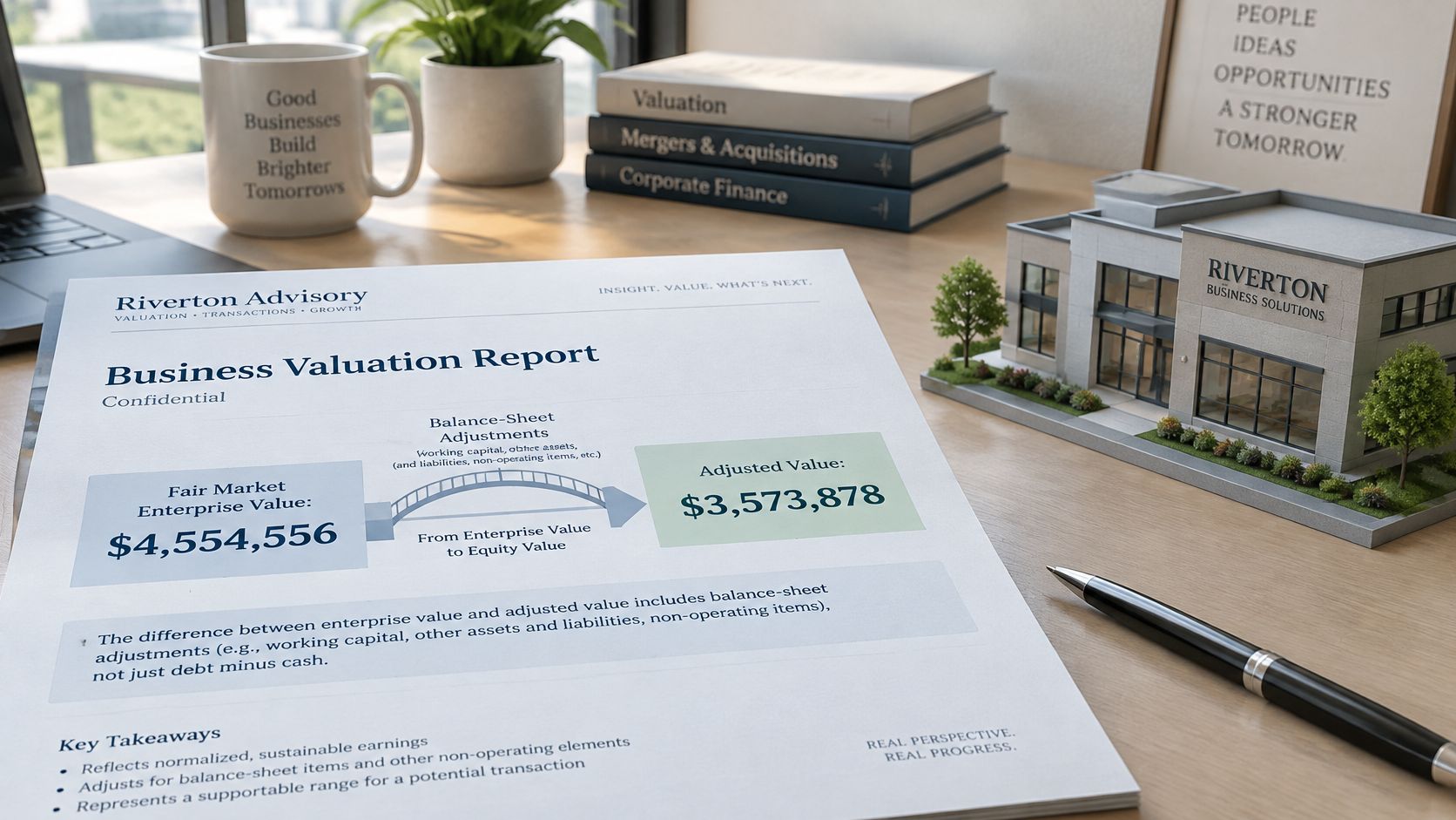 A professional business valuation report on a desk featuring an enterprise value calculation and equity adjustment summary.