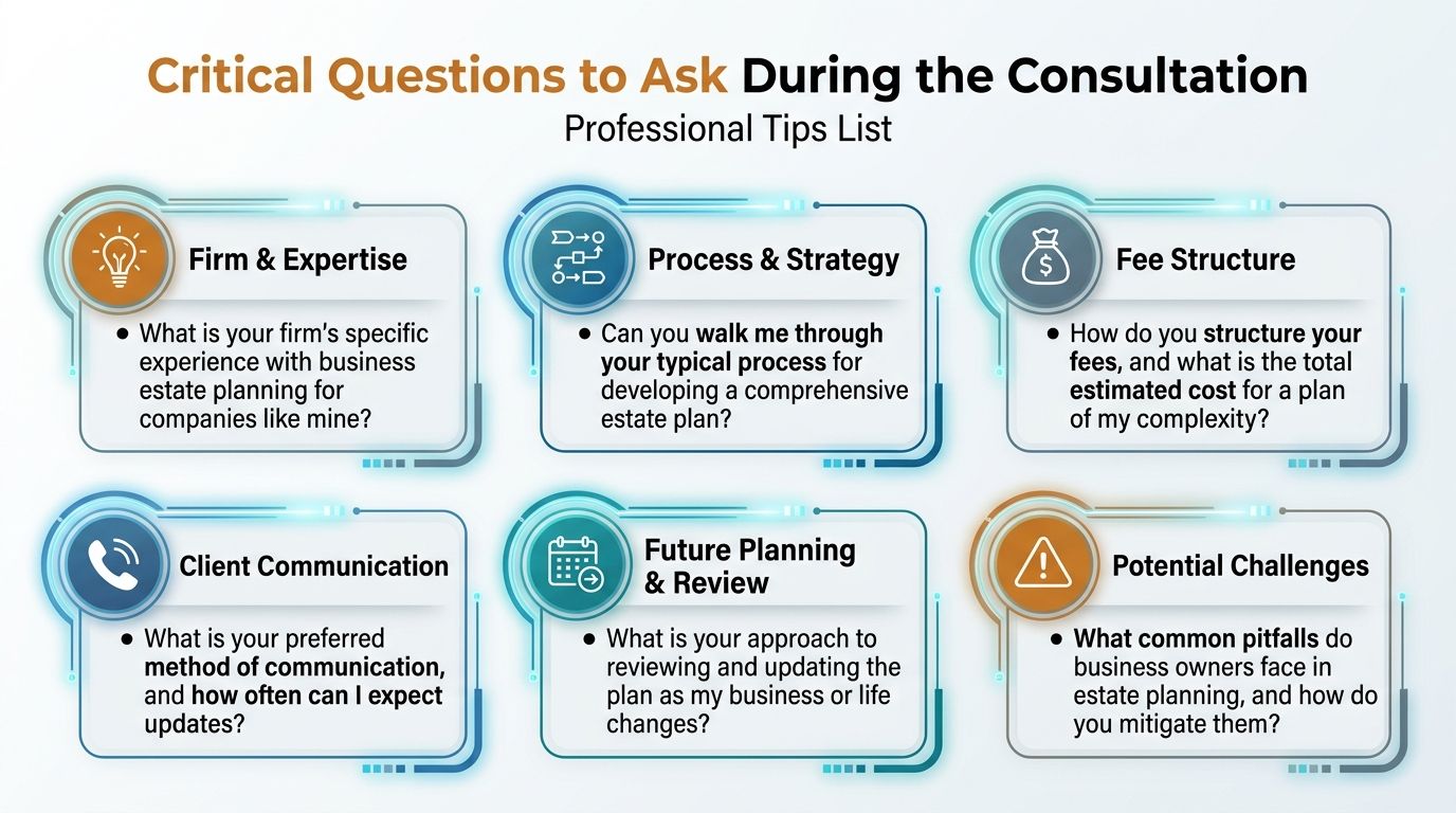 A professional infographic titled Critical Questions to Ask During the Consultation, listing six key topics for estate planning.