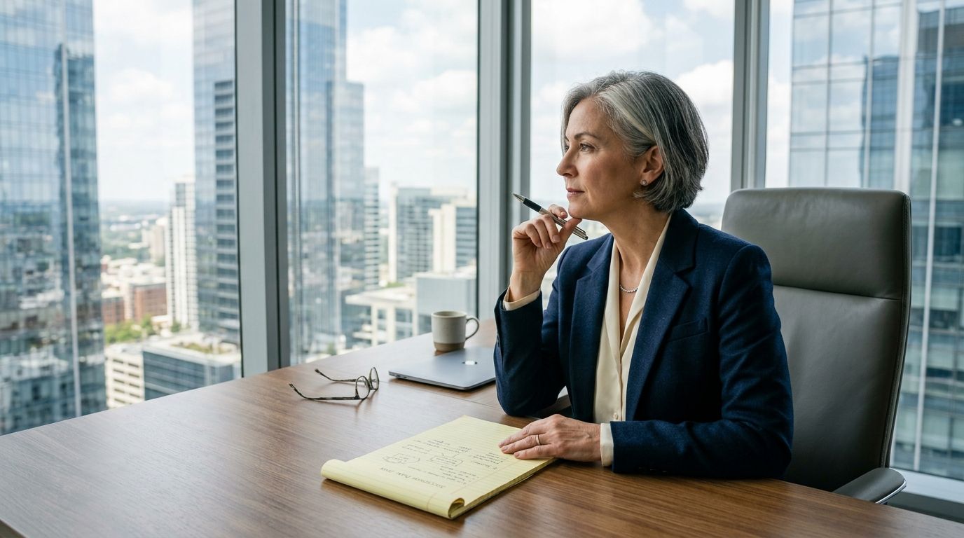A professional woman in a suit sitting at a desk looking out a window at a city skyline.