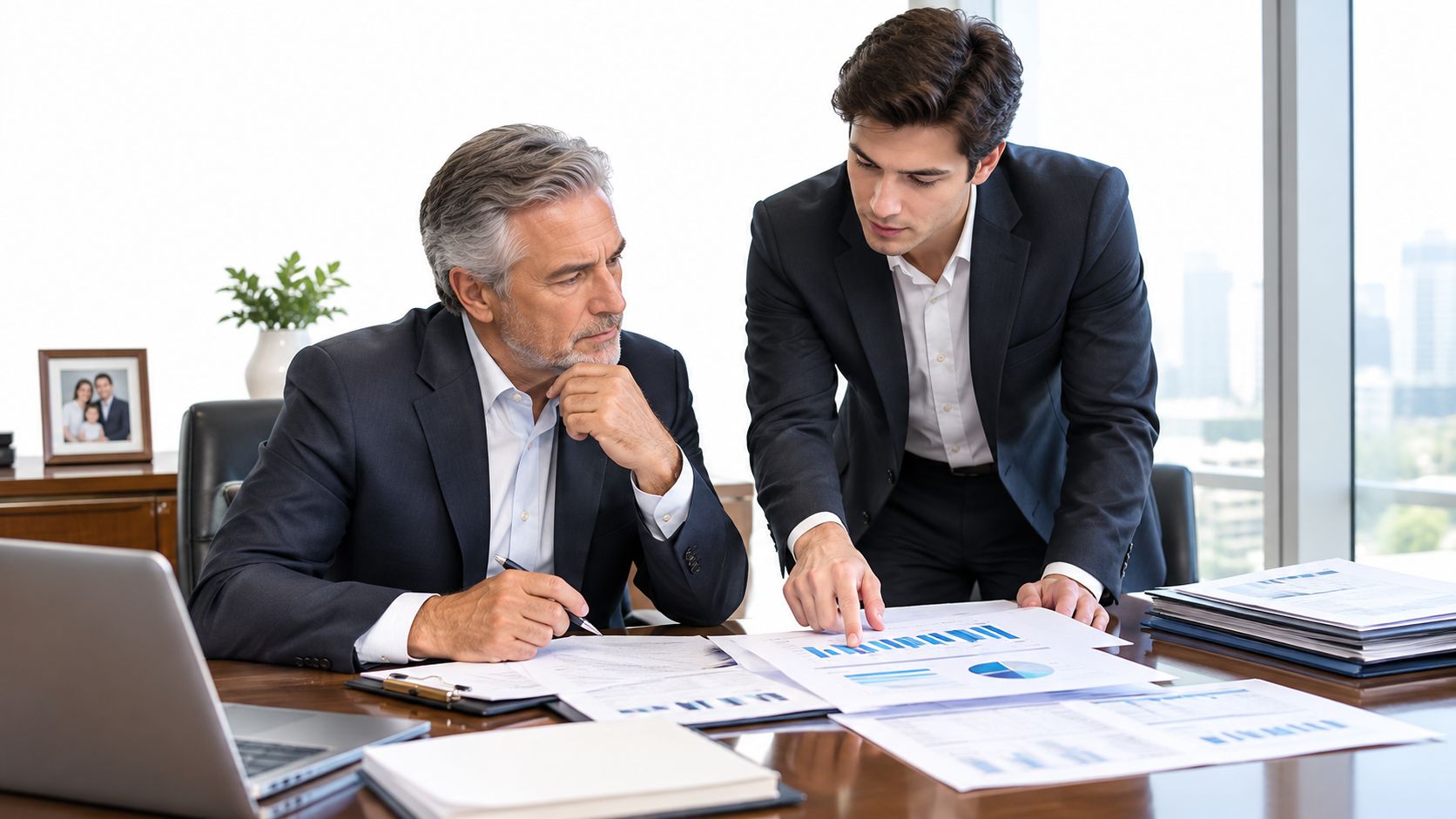 An older mentor and a younger colleague reviewing business financial charts in a modern corporate office.