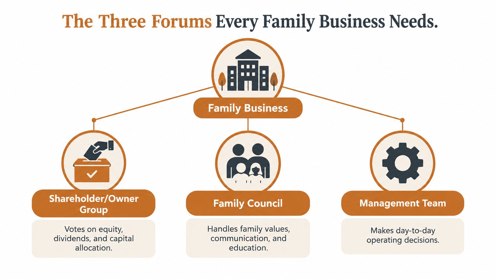 A diagram illustrating the three essential forums for family business governance: the shareholder group, family council, and management team.