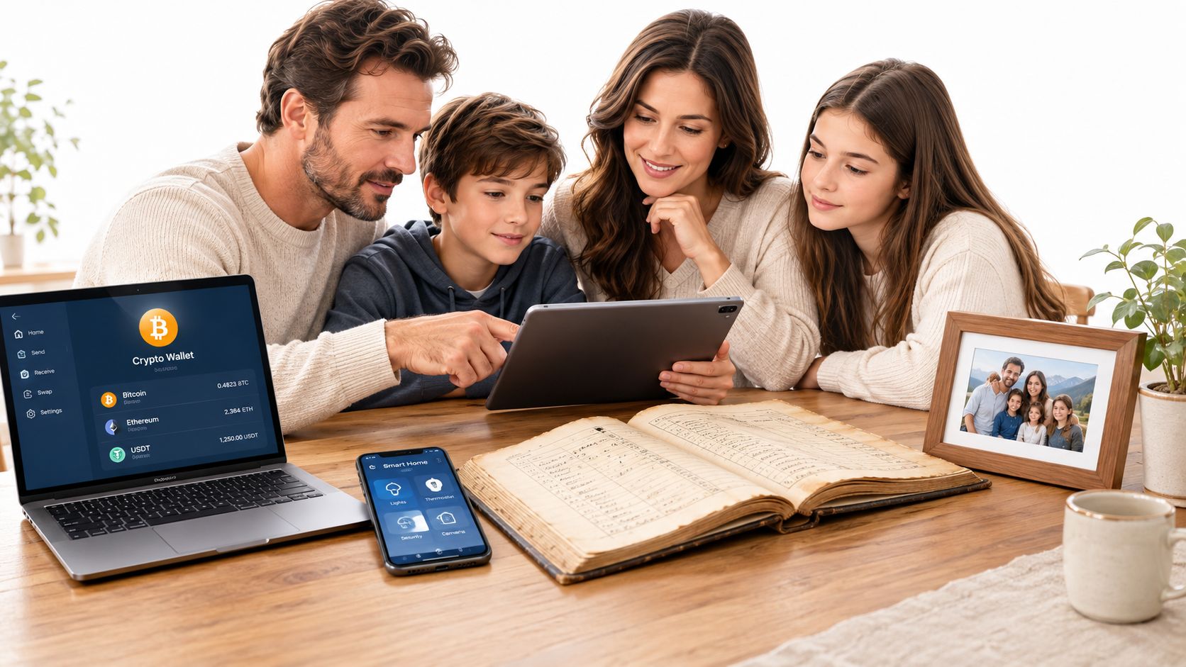 A family gathered around a table looking at a digital tablet while checking financial documents together.