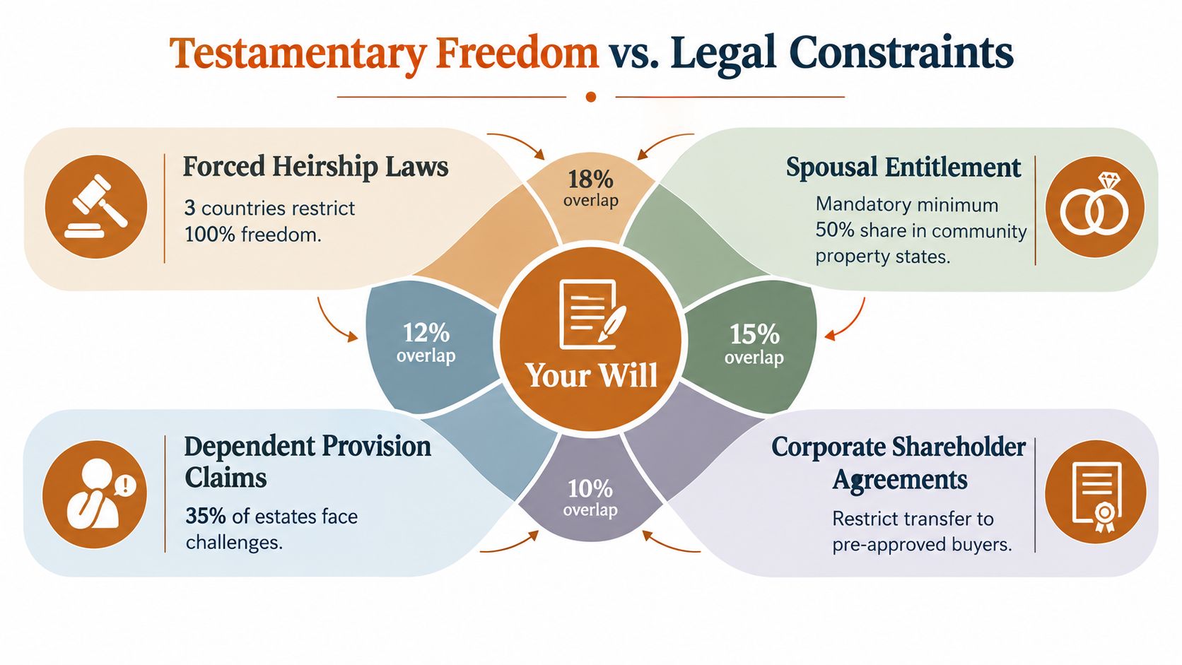 A diagram illustrating how various legal constraints like forced heirship and spousal entitlement limit testamentary freedom.