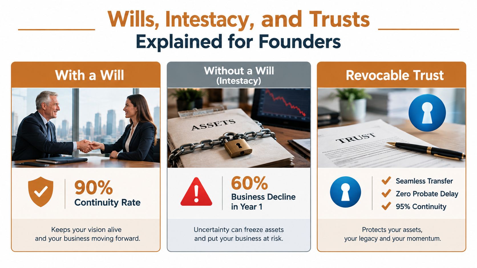 An infographic comparing wills, intestacy, and revocable trusts for founders, illustrating the impact on business continuity.