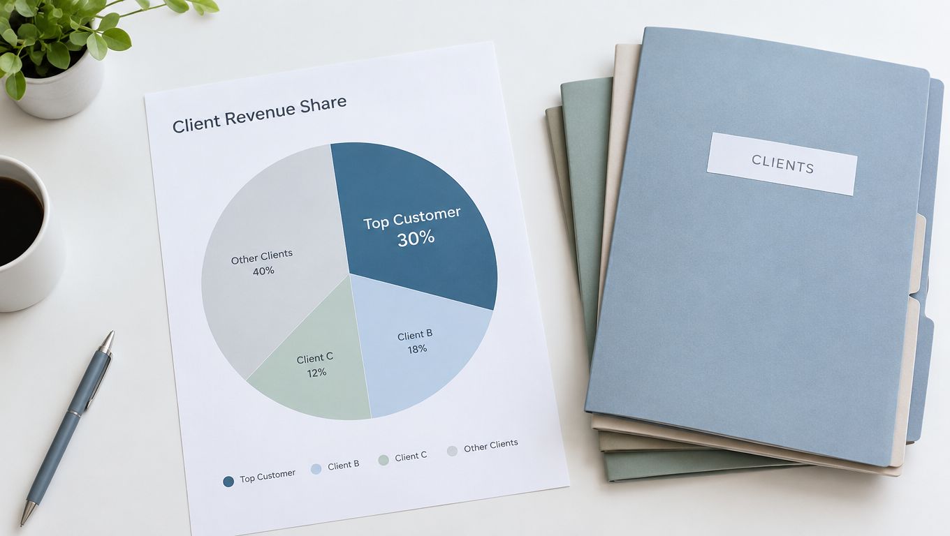 A top-down view of a business workspace featuring a document with a pie chart labeled client revenue share.