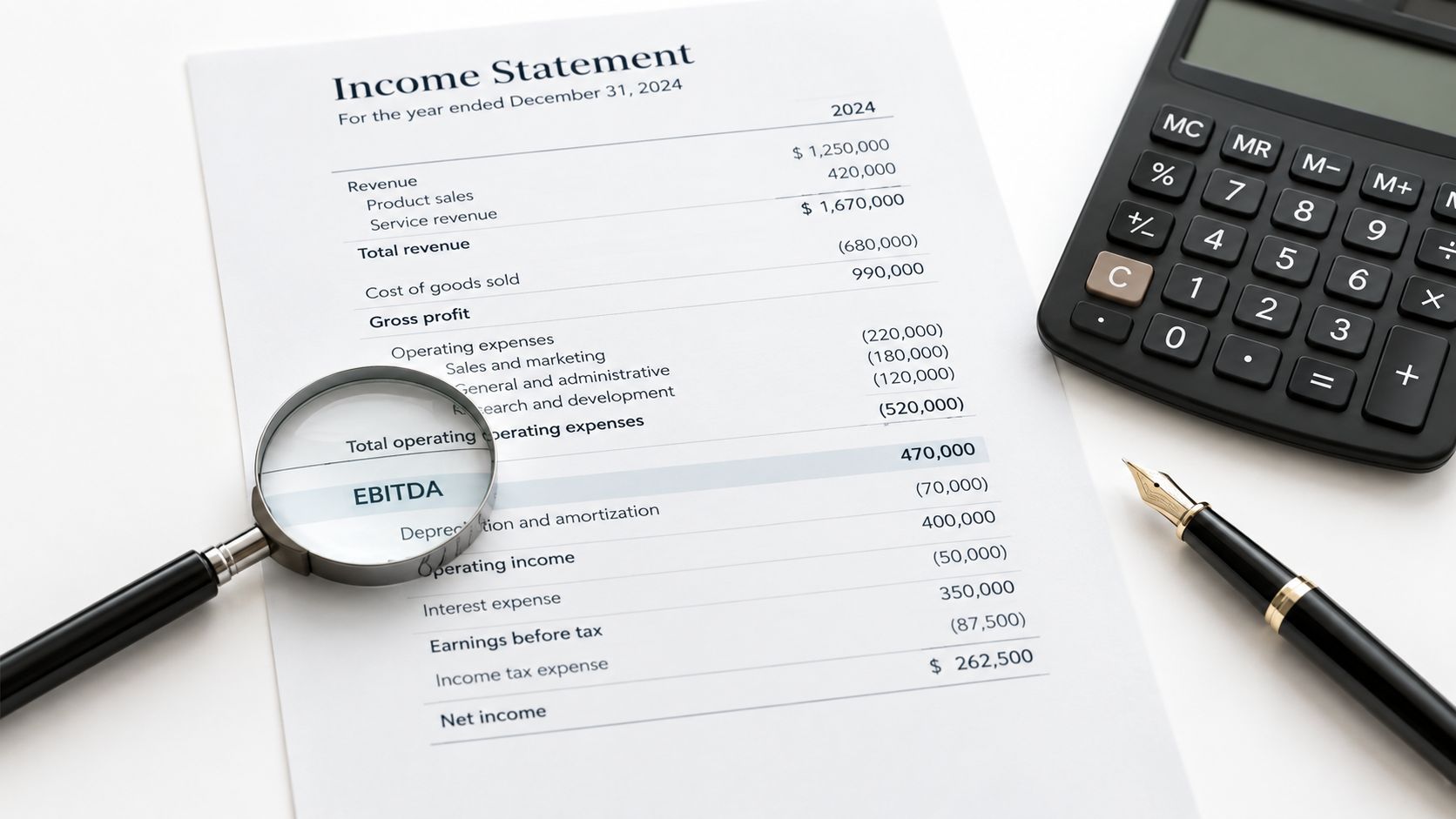 A close-up view of a 2024 income statement document with a magnifying glass, calculator, and fountain pen.