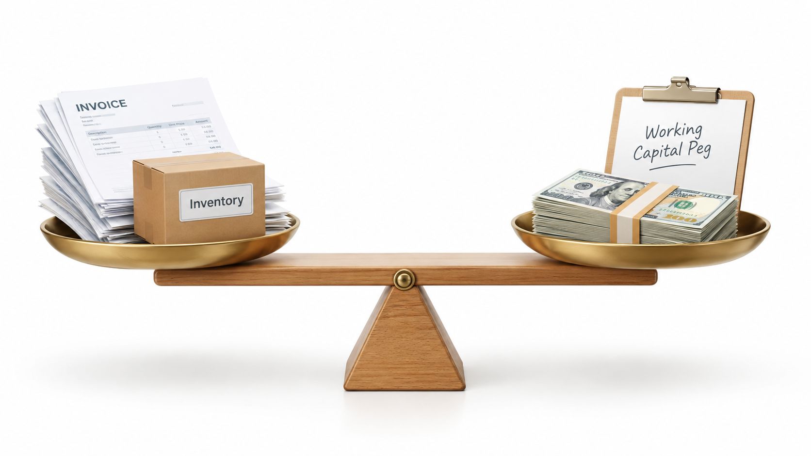 A golden balance scale representing the financial trade-off between inventory goods and working capital cash reserves.