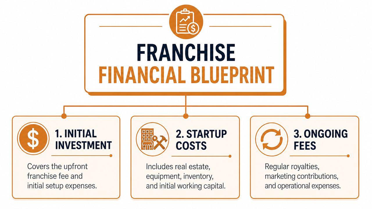 A diagram titled Franchise Financial Blueprint explaining initial investment, startup costs, and ongoing fees for franchise owners.