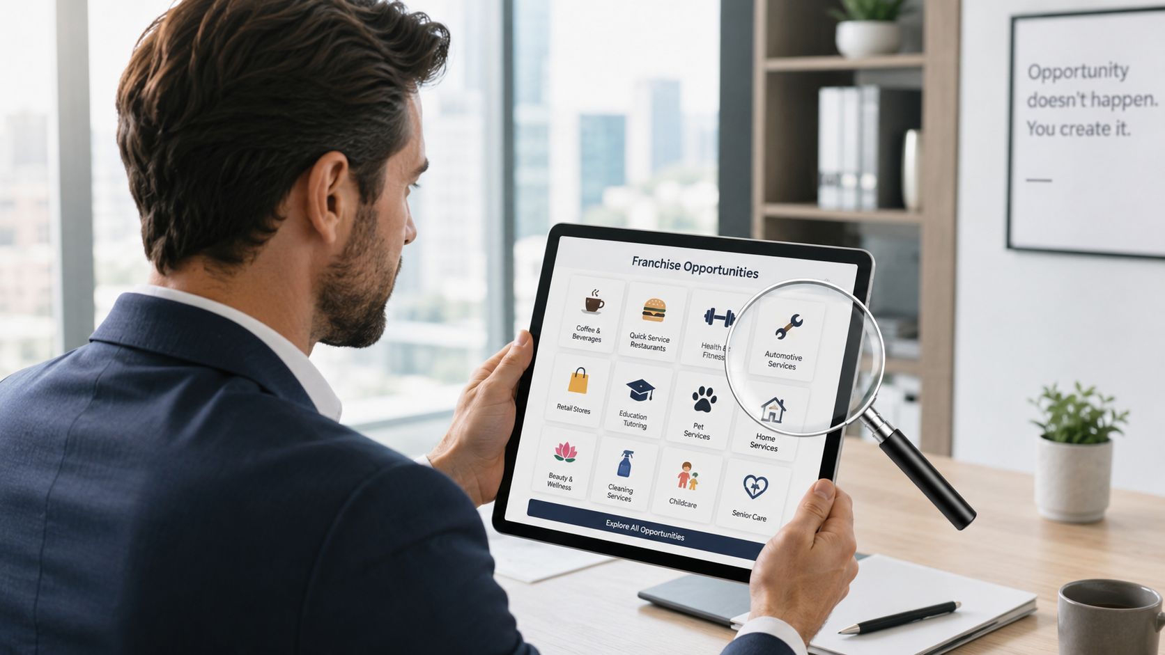 A professional man looking at a digital tablet displaying various franchise business opportunities in an office setting.