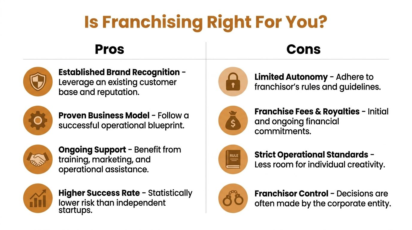 A comparison chart outlining the pros and cons of starting a franchise business versus independent startups.