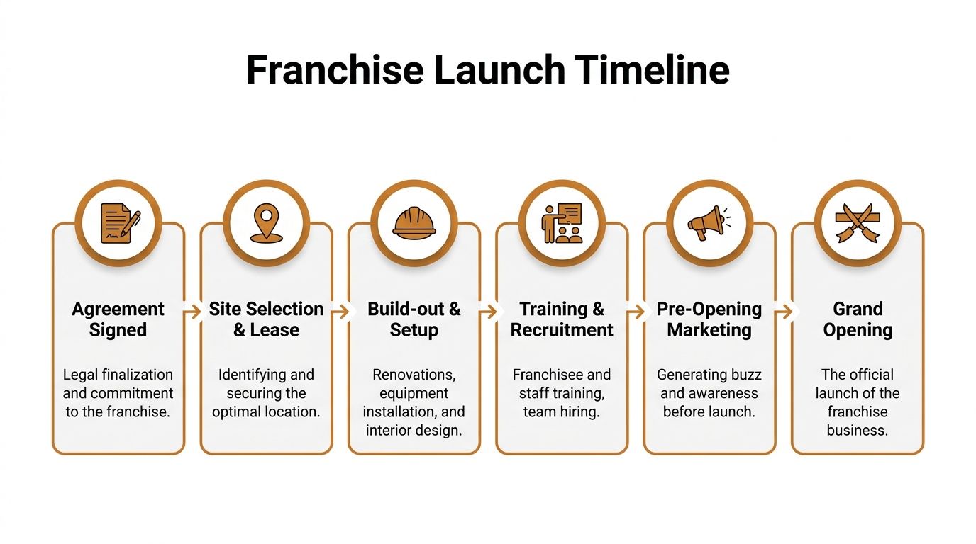 A six-step infographic illustrating the sequential timeline for launching a new business franchise from agreement to opening.