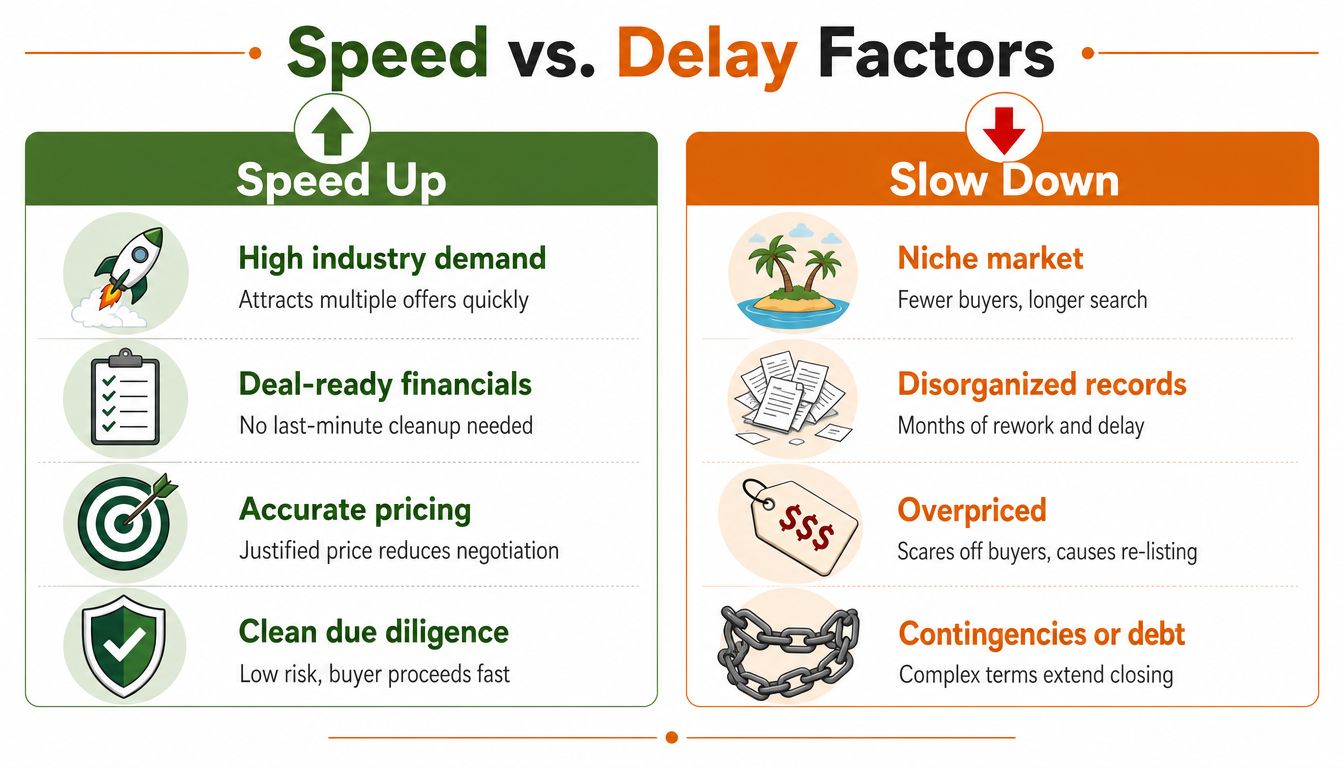 A comparative infographic highlighting factors that either speed up or slow down selling a business.