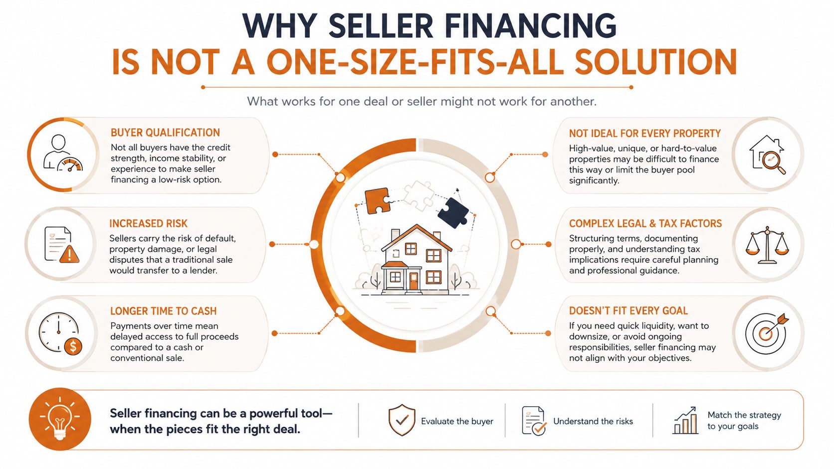 An infographic titled Why Seller Financing is Not a One-Size-Fits-All Solution, explaining risks and considerations.