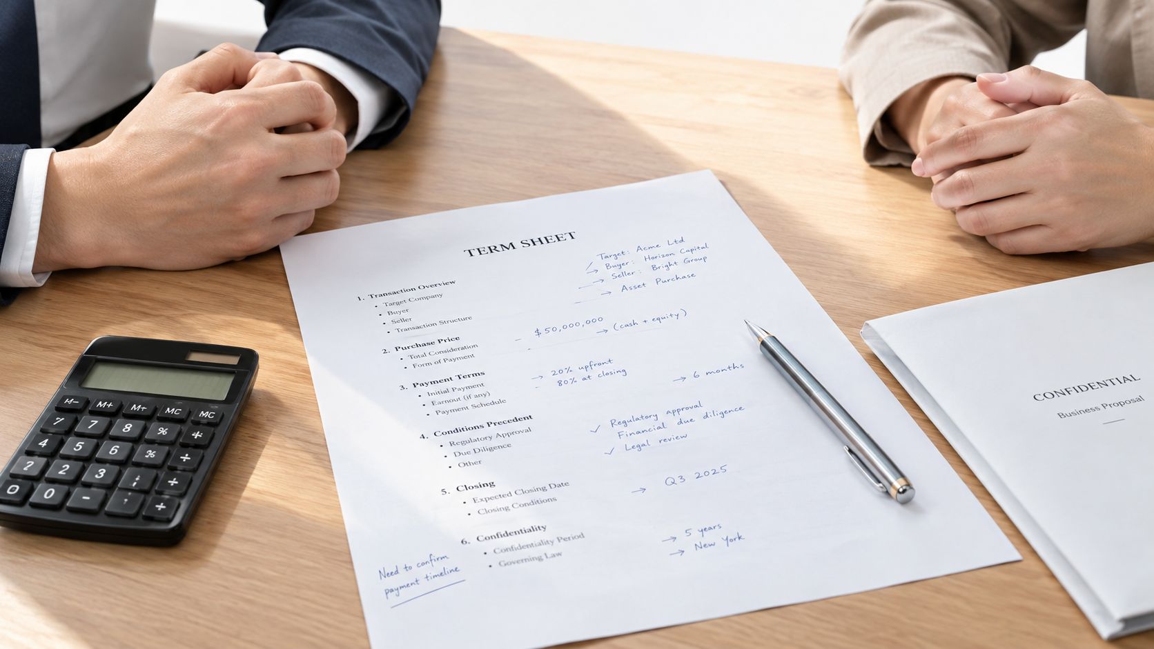 Two business partners reviewing a term sheet for a company acquisition on a wooden conference table.