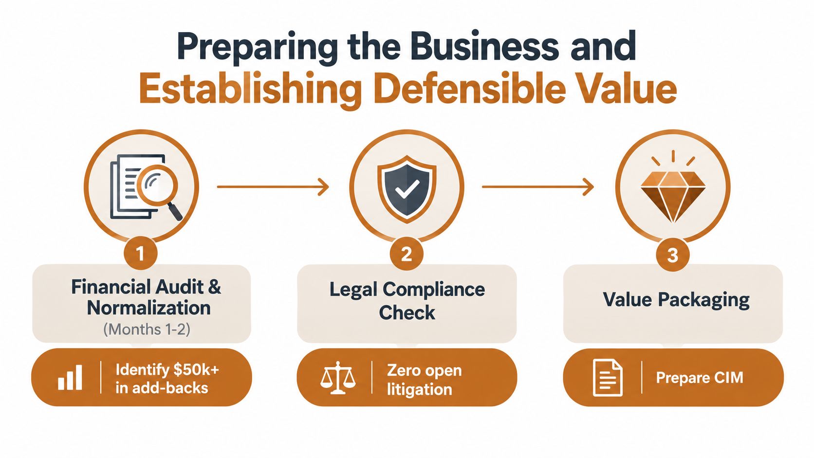 A three-step infographic titled Preparing the Business and Establishing Defensible Value, covering audits, legal checks, and packaging.