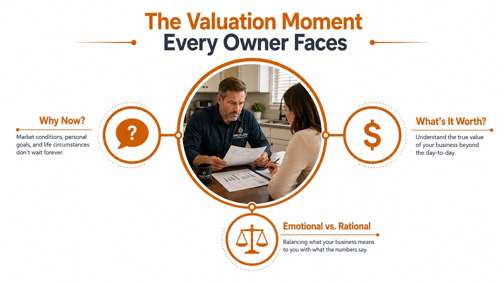A professional business owner discussing business valuation with an advisor in an office setting.