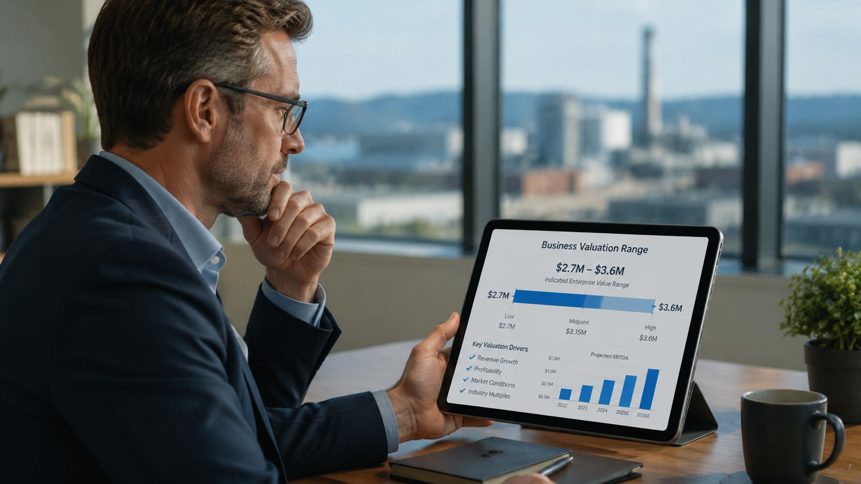 A professional man in a business suit reviewing business valuation data on a tablet in an office.