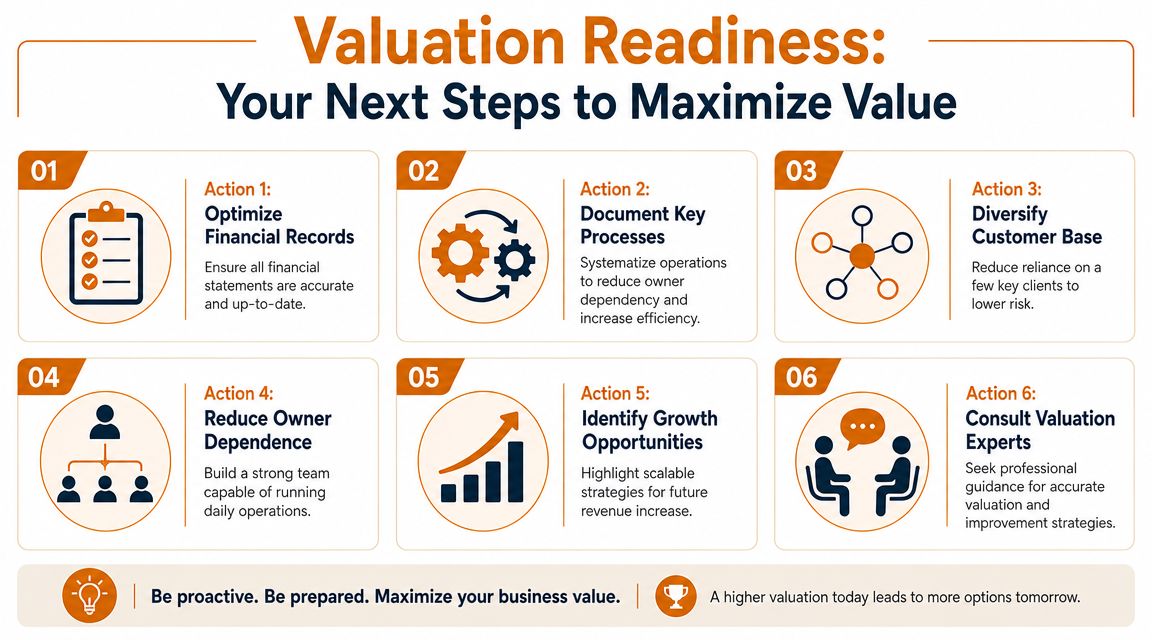 An infographic titled Valuation Readiness outlining six essential steps to maximize the value of a business.