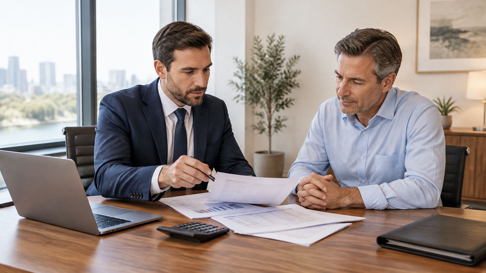 A professional financial advisor presenting business valuation documents to a client in a modern office setting.